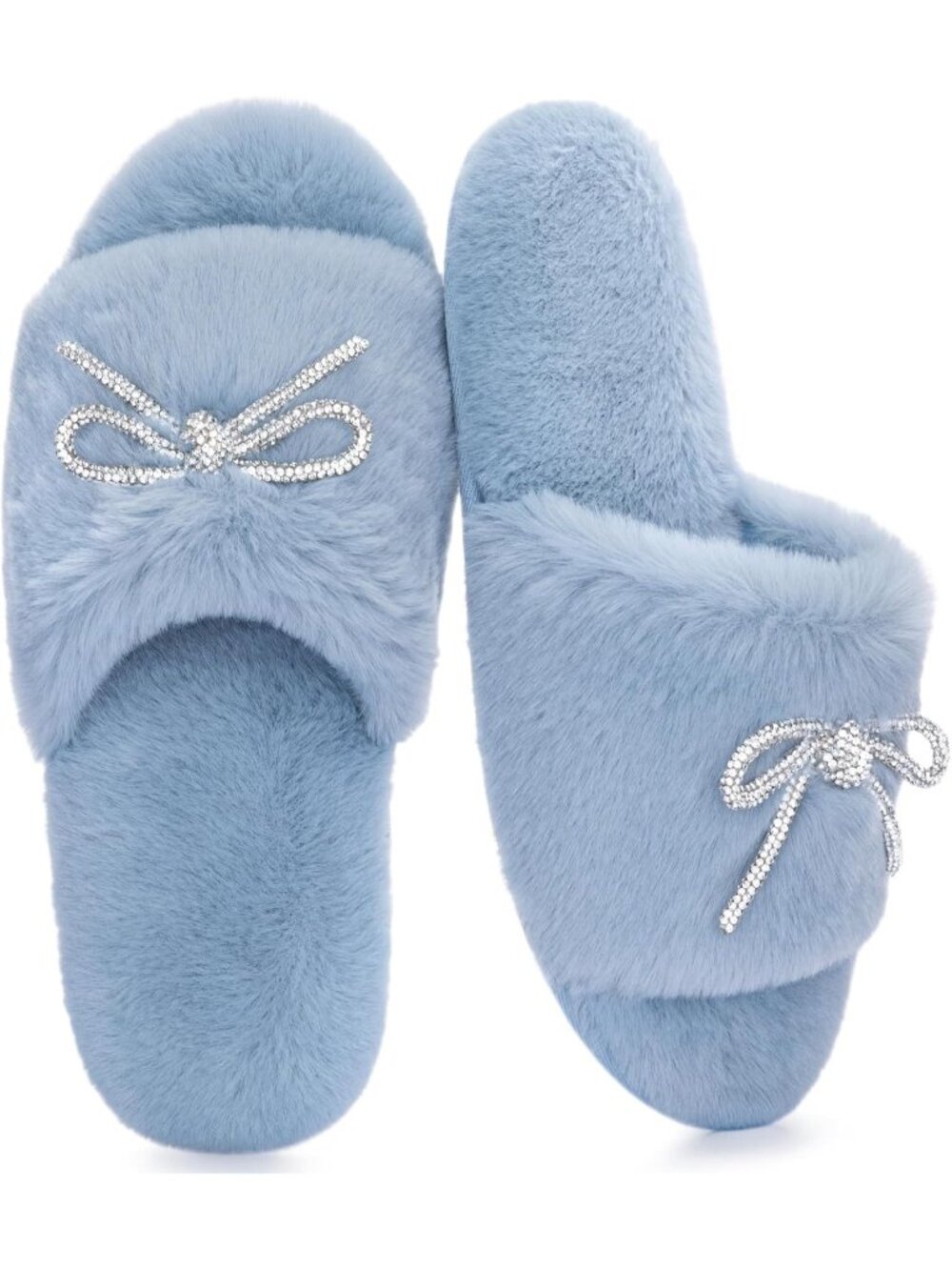 Women's Blue Fancy Fuzzy with Rhinestone Bowknot Comfy Fluffy Open Toe Slippers
